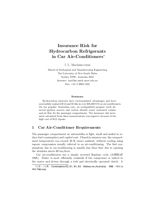 (PDF) Insurance Risk for Hydrocarbon Refrigerants in Car Air