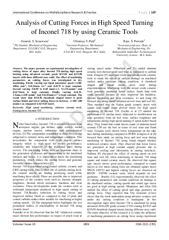 (PDF) Analysis of Cutting Forces in High Speed Turning of Inconel 718