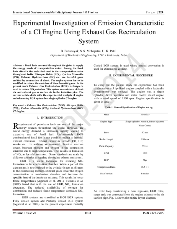 (PDF) Experimental Investigation of Emission Characteristic of a CI Engine Using Exhaust Gas