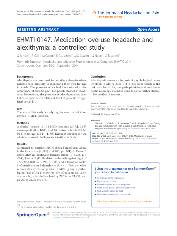 (PDF) EHMTI-0147. Medication overuse headache and alexithymia: a ...