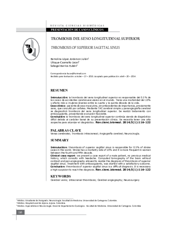 (PDF) THROMBOSIS OF SUPERIOR SAGITTAL SINUS (IN SPANISH) REVISTA CIENCIAS BIOMEDICAS