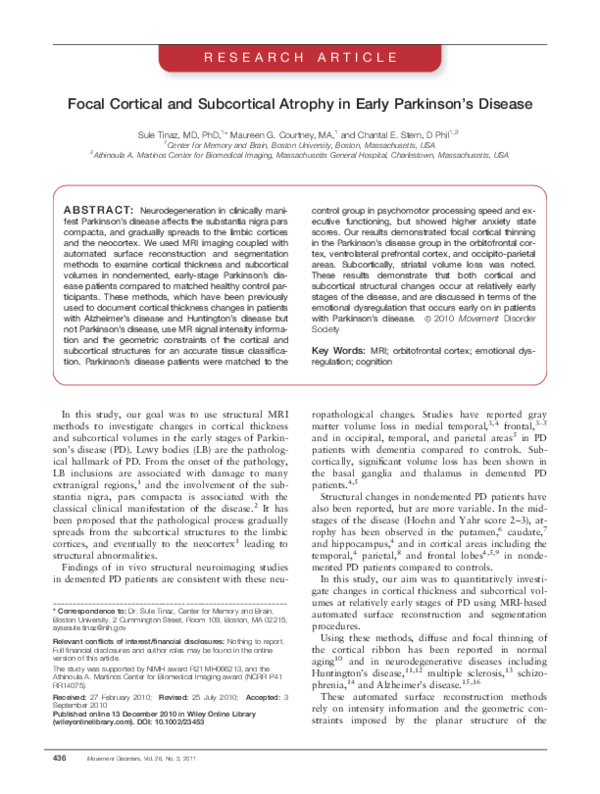 (PDF) Focal Cortical and Subcortical Atrophy in Early Parkinson's Disease
