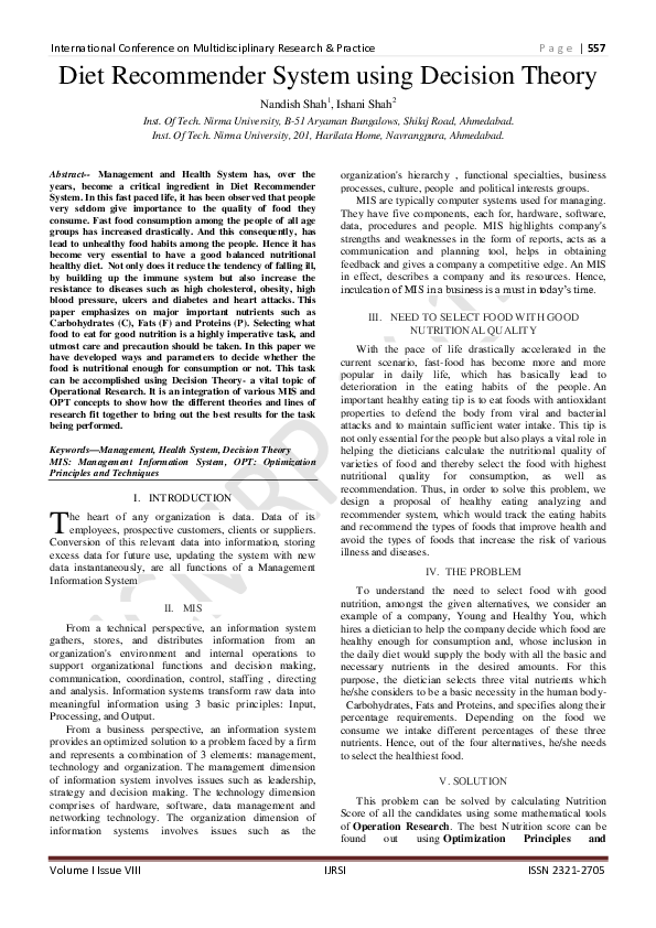 (PDF) Diet Recommender System using Decision Theory