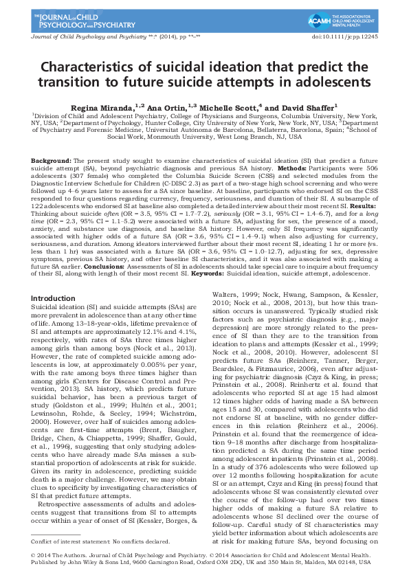 (PDF) Characteristics of suicidal ideation that predict the transition ...