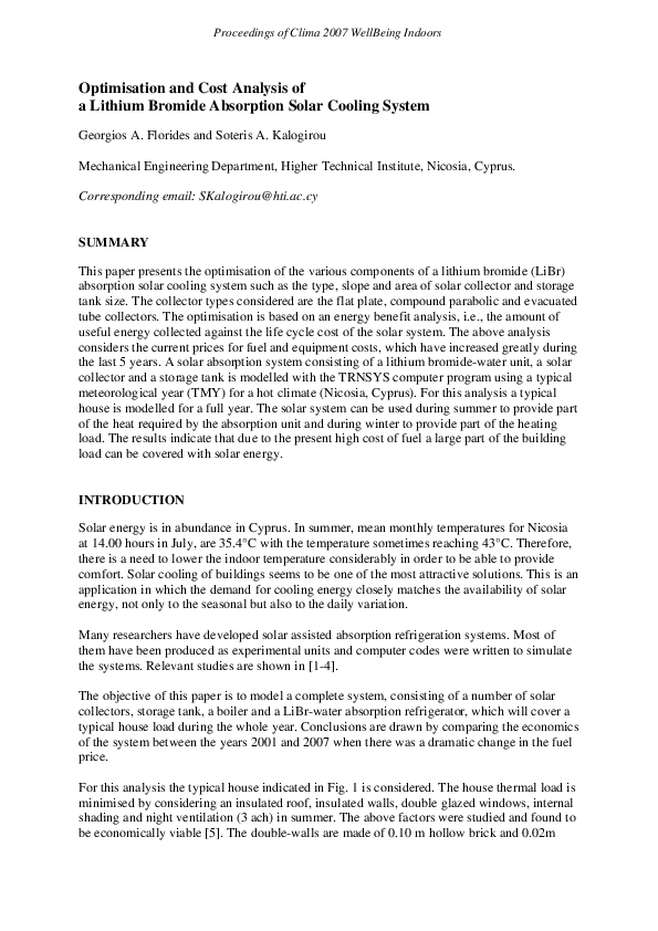 (PDF) Optimisation and Cost Analysis of a Lithium Bromide Absorption ...