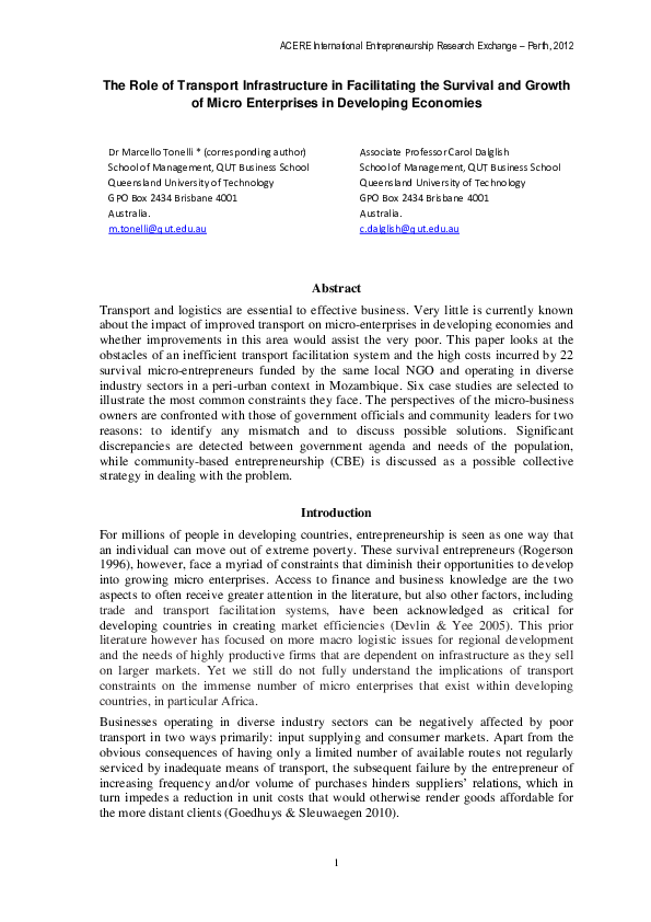 (PDF) The Role of Transport Infrastructure in Facilitating the Survival ...