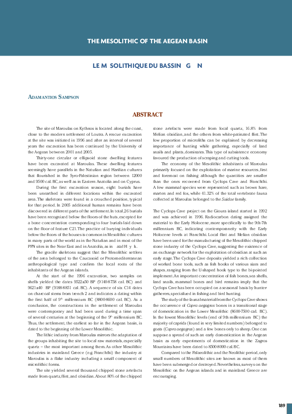 Pdf A Sampson 2014 The Mesolithic In The Aegean In Manen C Perrin T Guillaine J Et Al Eds The Neolithic Transition In The Mediterranean Errance 193 212 Adamantios Sampson Academia Edu