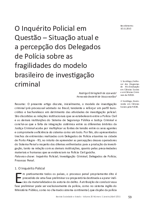 (PDF) O Inquérito Policial em Questão Situação atual e a percepção dos Delegados de Polícia