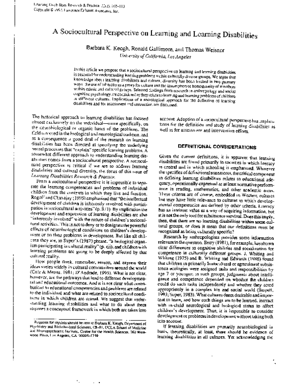 (PDF) A sociocultural perspective on learning and learning disabilities