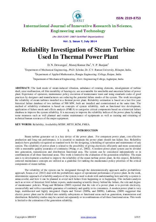 (PDF) Reliability Investigation of Steam Turbine Used In Thermal Power ...
