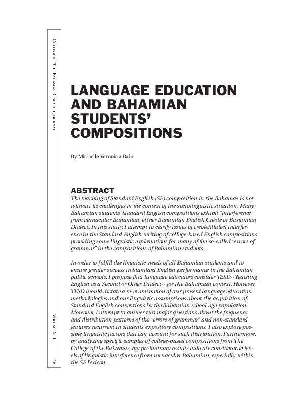 (PDF) LANGUAGE EDUCATION AND BAHAMIAN STUDENTS' COMPOSITIONS INTRODUCTION
