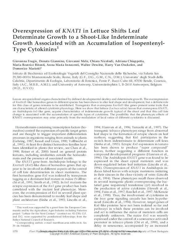 (PDF) Overexpression of KNAT1 in Lettuce Shifts Leaf Determinate Growth ...