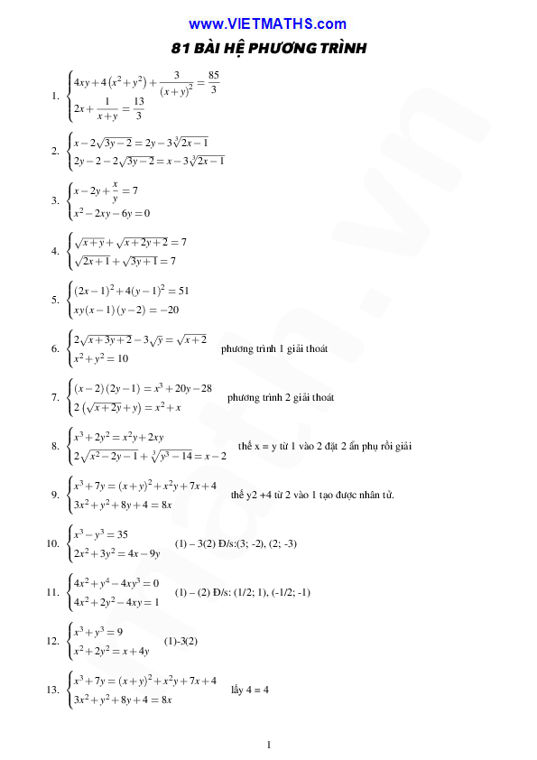 Pdf 81 Bai Hệ Phương Trinh Duc Dau Academia Edu