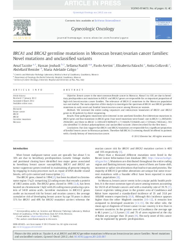 (PDF) BRCA1 and BRCA2 germline mutations in Moroccan breast/ovarian ...