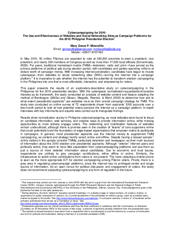 (PDF) Cybercampaigning for 2010 The Use and Effectiveness of sites