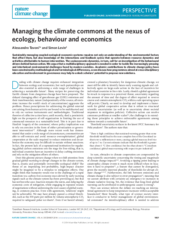 (PDF) Managing the climate commons at the nexus of ecology, behaviour ...