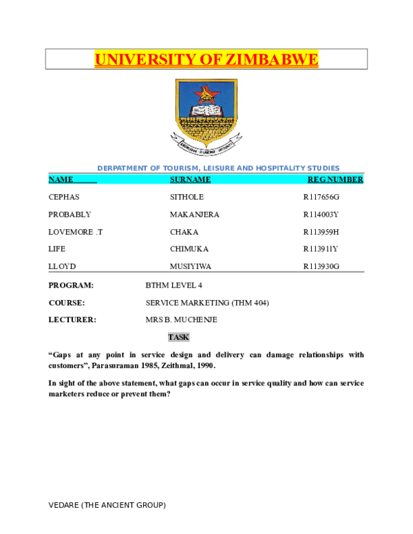 UNIVERSITY OF ZIMBABWE DERPATMENT OF TOURISM, LEISURE AND HOSPITALITY