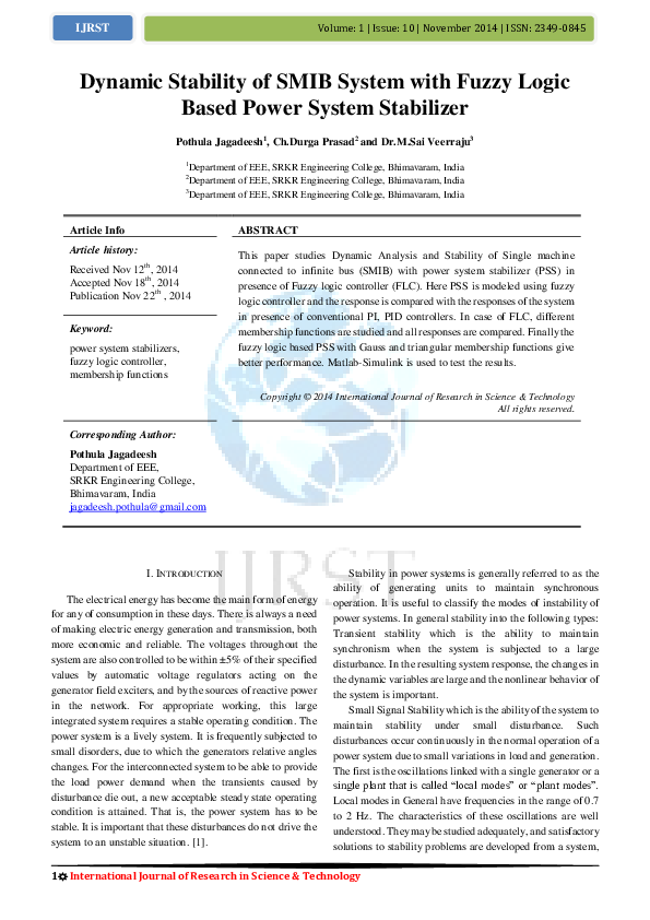 (PDF) Dynamic Stability of SMIB System with Fuzzy Logic Based Power
