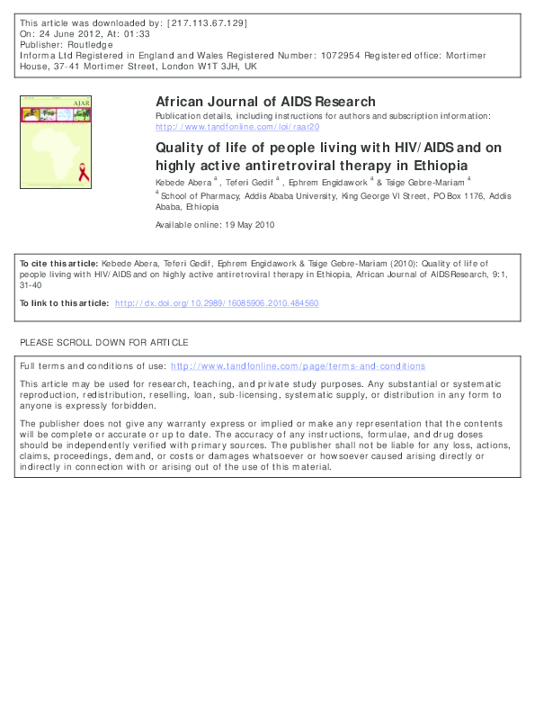 (PDF) Quality of life of people living with HIV/AIDS and on highly ...