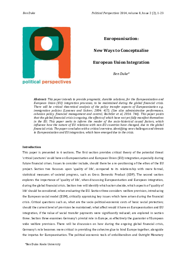 (PDF) Europeanisation: New Ways to Conceptualise European Union Integration