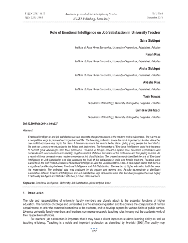 (PDF) Role of Emotional Intelligence on Job Satisfaction in University ...