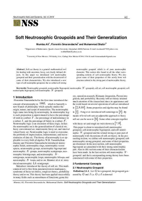 (PDF) Soft Neutrosophic Groupoids and Their Generalization
