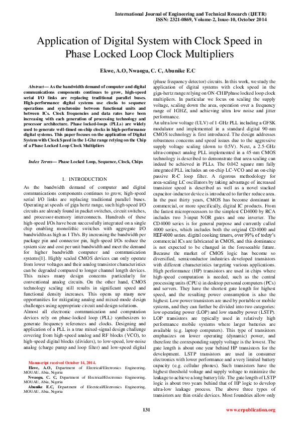 (PDF) Application of Digital System with Clock Speed in Phase Locked
