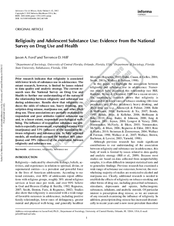 (PDF) Religiosity and Adolescent Substance Use: Evidence from the 2006 ...