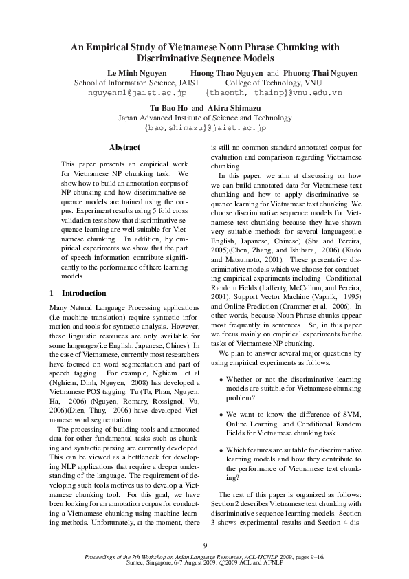 (PDF) An Empirical Study of Vietnamese Noun Phrase Chunking with ...