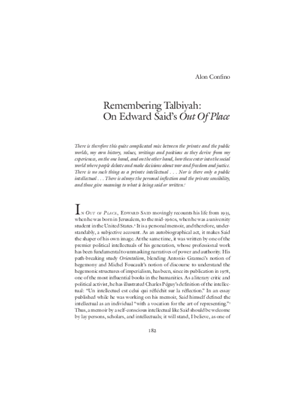 "Remembering Talbiyah" Confino on Edward Said autobiography