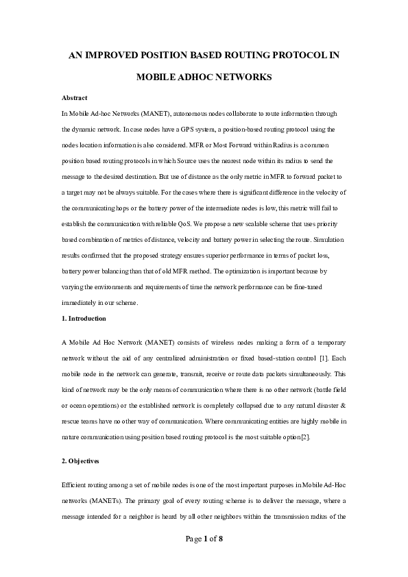 (DOC) AN IMPROVED POSITION BASED ROUTING PROTOCOL IN MOBILE ADHOC NETWORKS