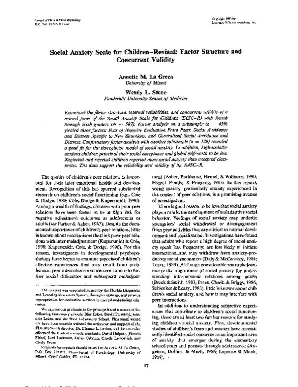 (PDF) Social Anxiety Scale for Children-Revised: Factor Structure and ...
