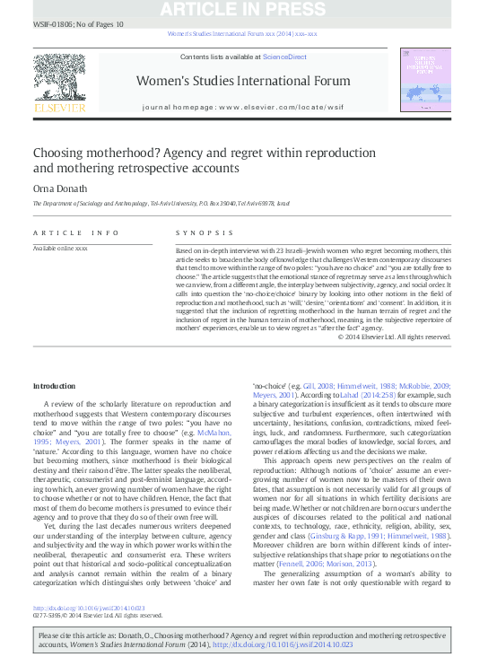 Choosing motherhood? Agency and regret within reproduction and mothering retrospective accounts