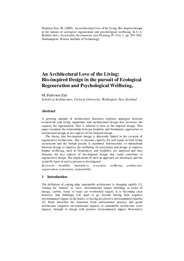 An Architectural Love Of The Living: Bio-inspired Design In The Pursuit Of Ecological Regeneration And Psychological Wellbeing