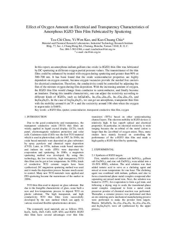 (PDF) Effect of Oxygen Amount on Electrical and Transparency ...
