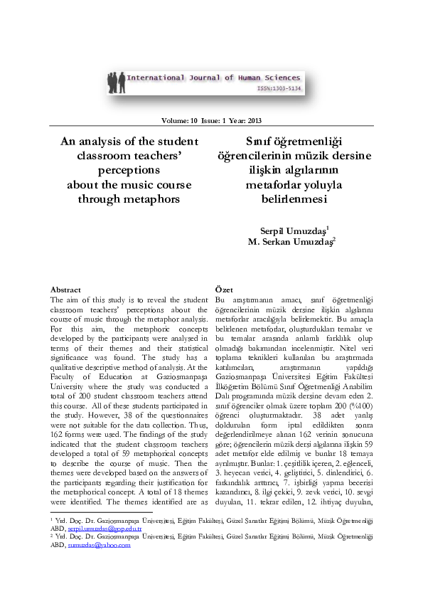 First page of “Sınıf öğretmenliği öğrencilerinin müzik dersine ilişkin algılarının metaforlar yoluyla belirlenmesi”