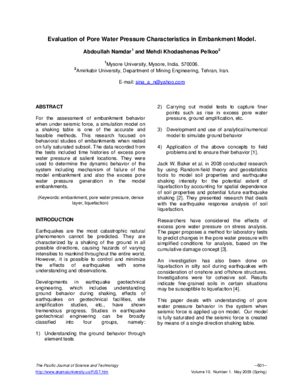(PDF) Evaluation of Pore Water Pressure Characteristics in Embankment Model