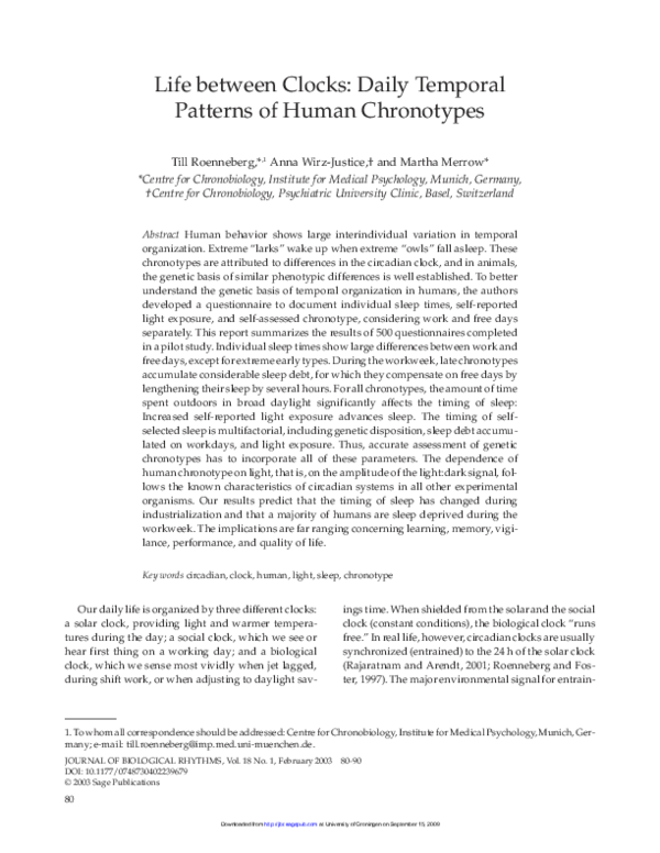 (PDF) Life between Clocks: Daily Temporal Patterns of Human Chronotypes