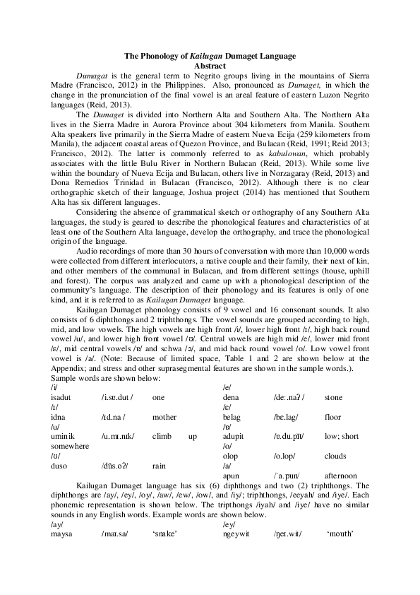 (PDF) The Phonology of Kailugan Dumaget