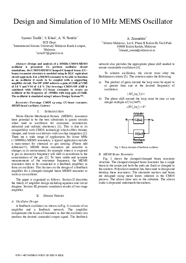 (PDF) Design and simulation of 10 MHz MEMS oscillator AHMAD ANWAR