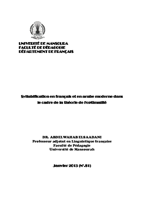 Pdf Syllabification En Francais Et En Arabe Moderne Dans Le Cadre De La Theorie De L Optimalite Abdelwahab Elsaadani Academia Edu