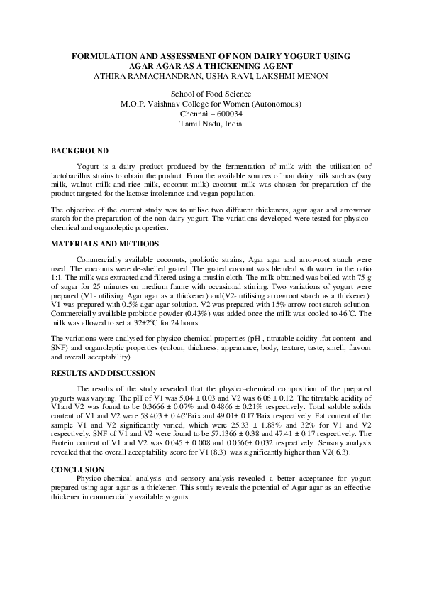 (DOC) FORMULATION AND ASSESSMENT OF NON DAIRY YOGURT USING AGAR AGAR AS A THICKENING AGENT