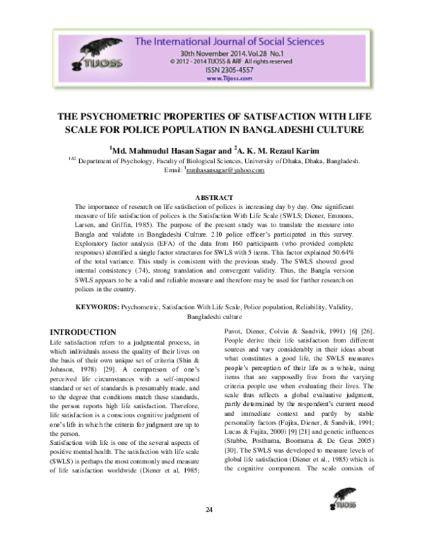 (PDF) The psychometric properties of Satisfaction With Life Scale for ...