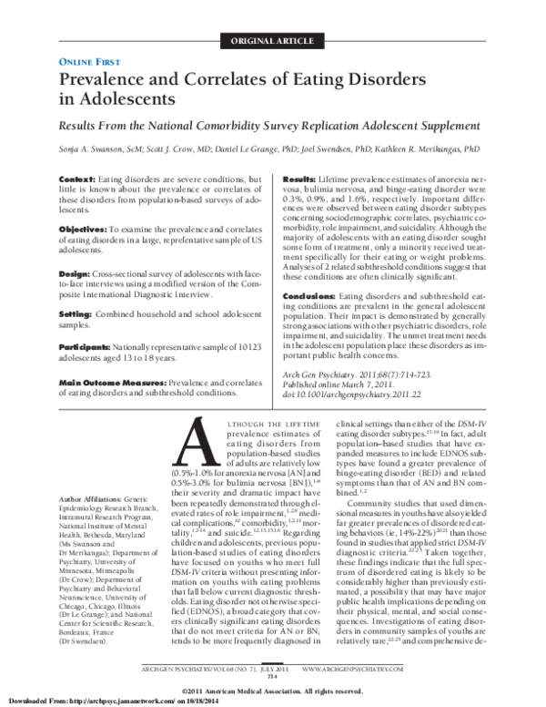 (PDF) Prevalence and Correlates of Eating Disorders in Adolescents