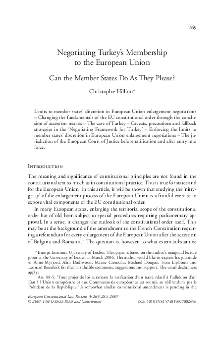 (PDF) Negotiating Turkey's Membership to the European Union. Can the ...