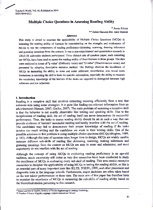 Pdf Multiple Choice Questions In Assessing Reading Ability