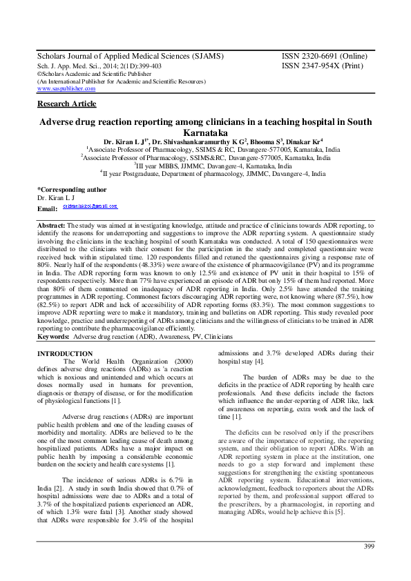 (PDF) Adverse drug reaction reporting among clinicians in a teaching ...
