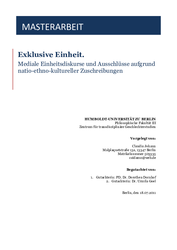 (PDF) Exklusive Einheit. Mediale Einheitsdiskurse und
