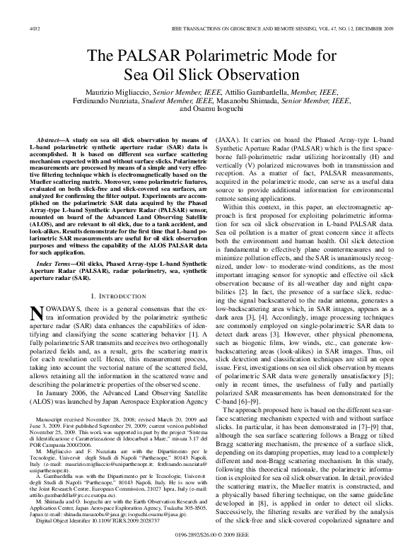 (PDF) The PALSAR Polarimetric Mode for Sea Oil Slick Observation
