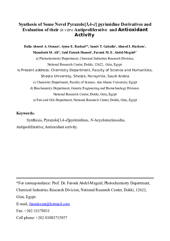 (DOC) Synthesis of Some Novel Pyrazolo[3,4-d] pyrimidine Derivatives ...